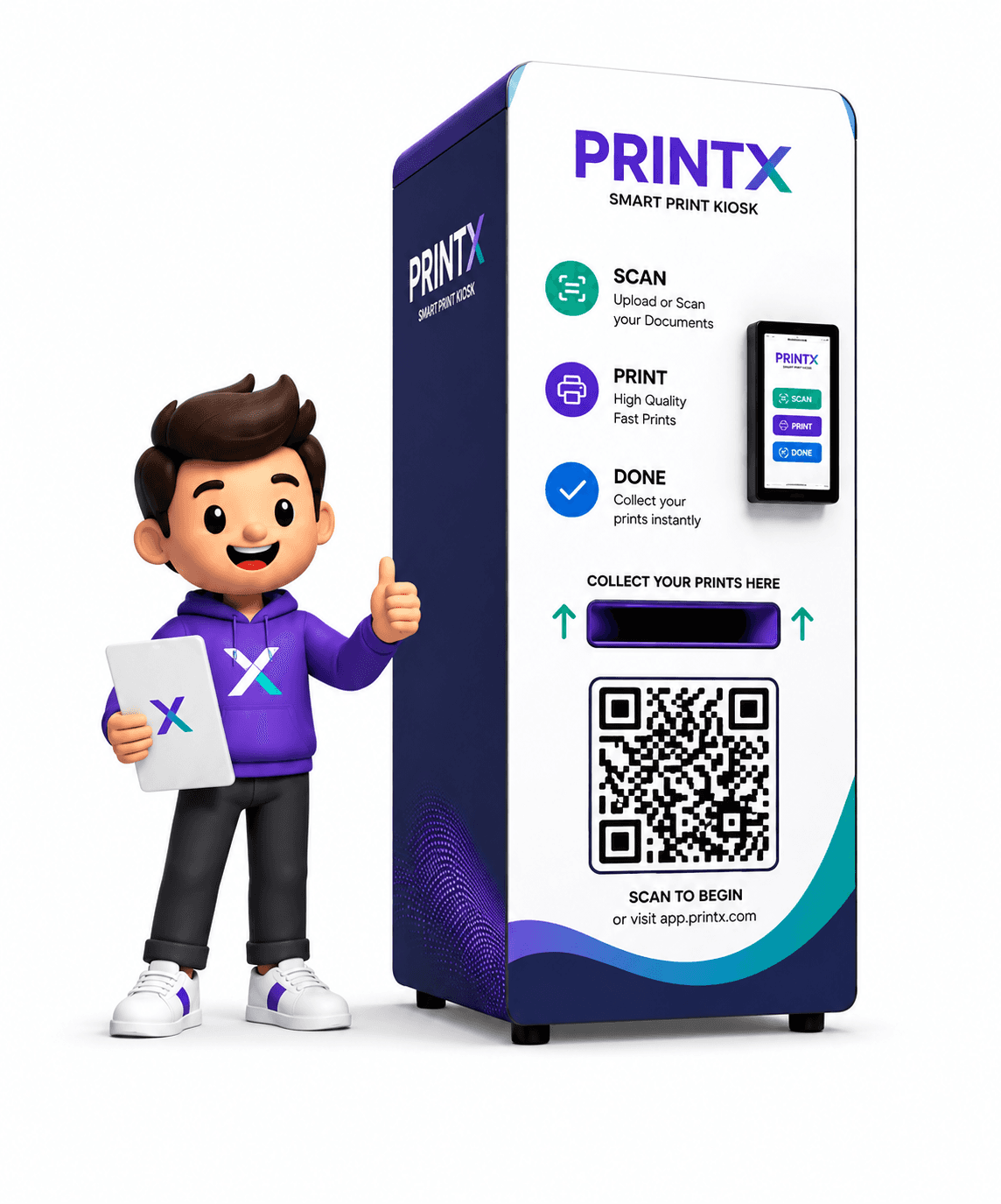 A PrintX smart print kiosk: scan your documents, print them, and collect them instantly.
